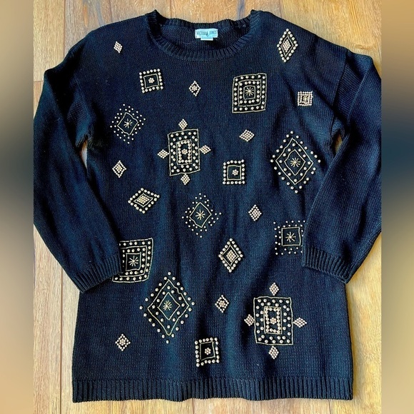 Vintage Victoria Jones Pullover Crew Sweater Gold Beaded Shoulder Pads / Small - Picture 1 of 8